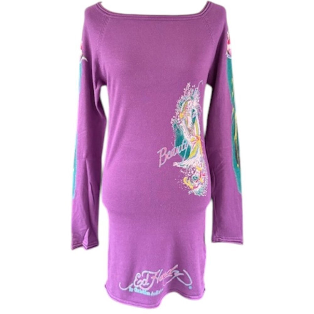 Ed Hardy Sweater Dress Beauty Graphic Print Rhinestone Purple Long Sleeves M EUC - Picture 2 of 16